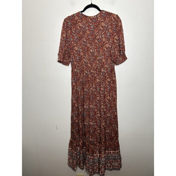 Knox Rose Women Dress Red Brown Floral A-Line Bohemian Ruffle Maxi Size Large - Picture 6 of 7